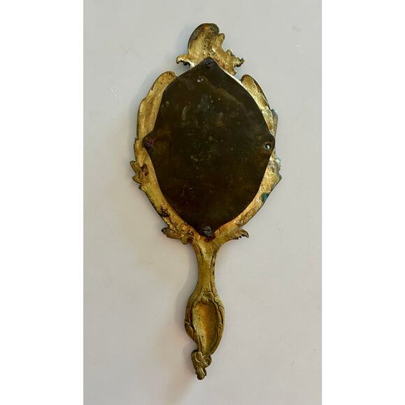Antique French Louis XV Style Bronze Beveled Hand Mirror - Picture 4 of 6